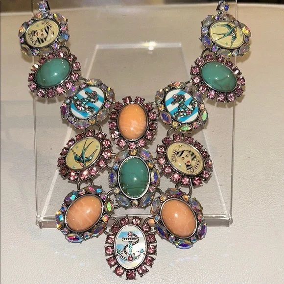 Betsey Johnson SET Nautical Anchor Sailor Pinup Statement Necklace Earrings EUC - Picture 2 of 11